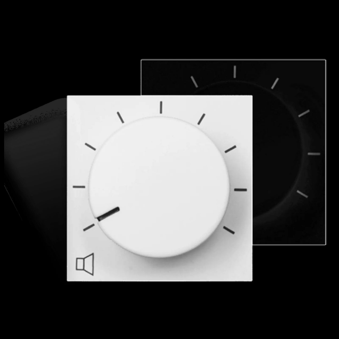 Audac remote volume controller in white, 45 x 45 mm size, displayed against a shadowed background.
