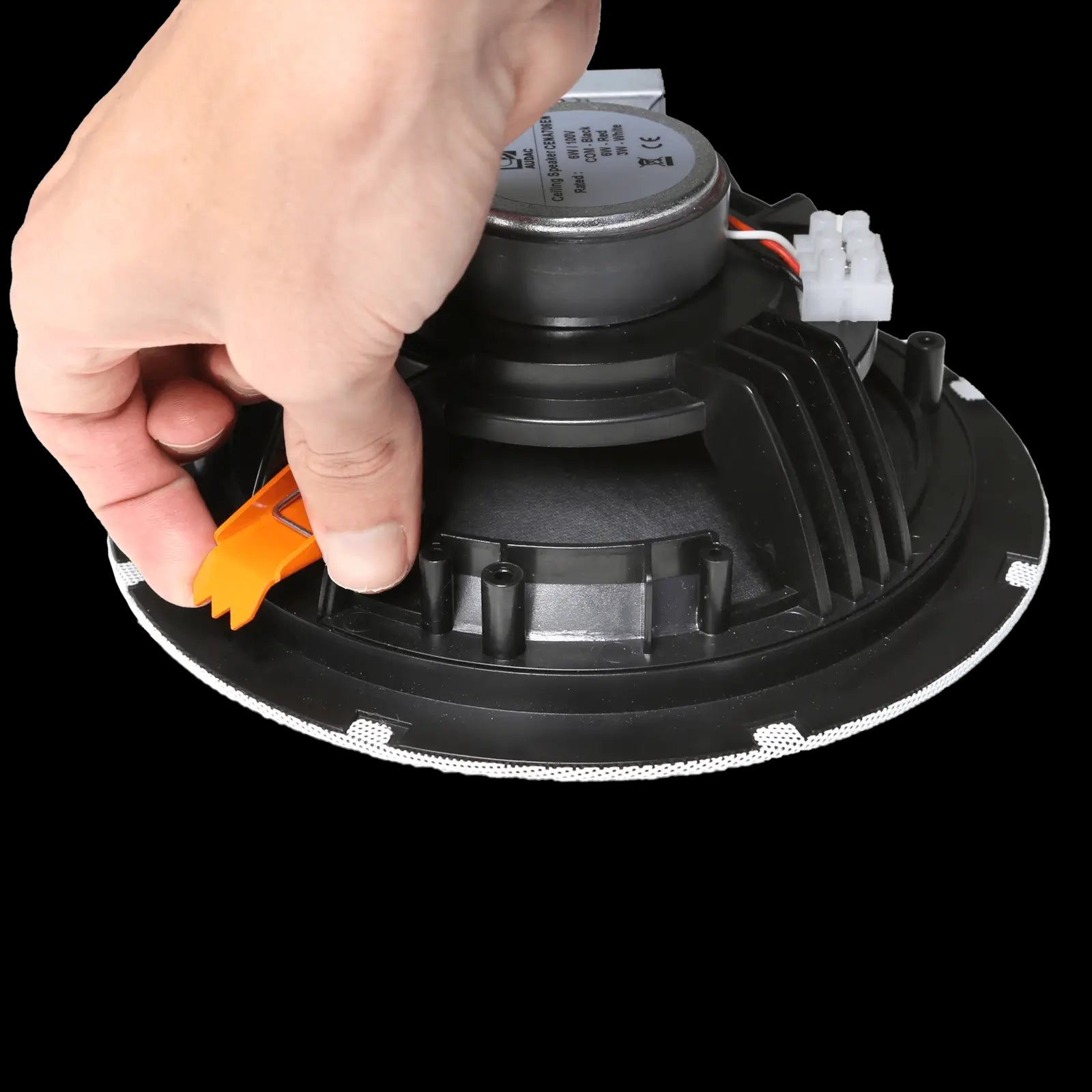 Audac SpringFit 5 inch ceiling speaker in white, designed for 100V systems.