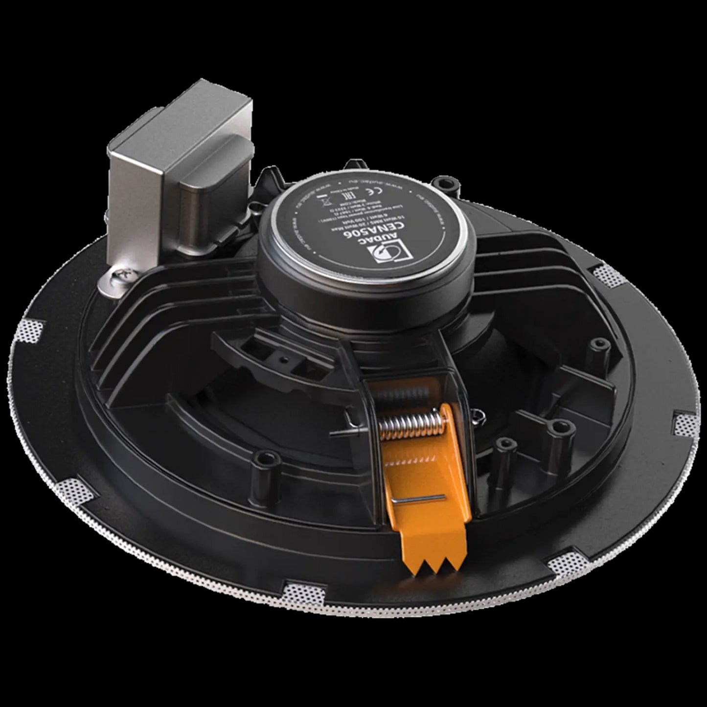 Rear view of the Audac SpringFit 5 inch Ceiling Speaker in white, designed for 100V systems.