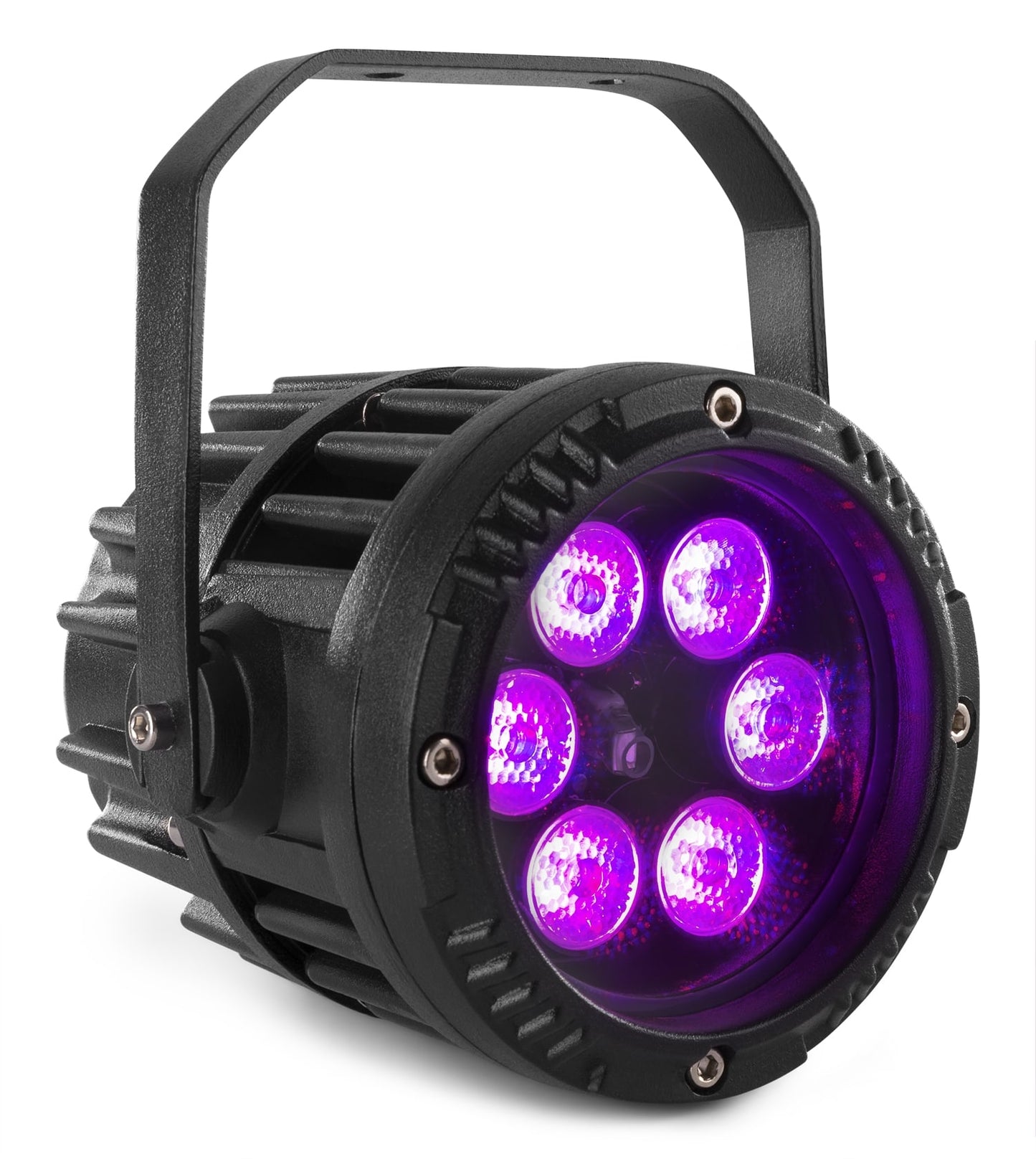 Front angled view of the BWA63 AluPar IP65, 6x 3W LEDs, RGB color mixing, waterproof, aluminium housing, beamZ 1.