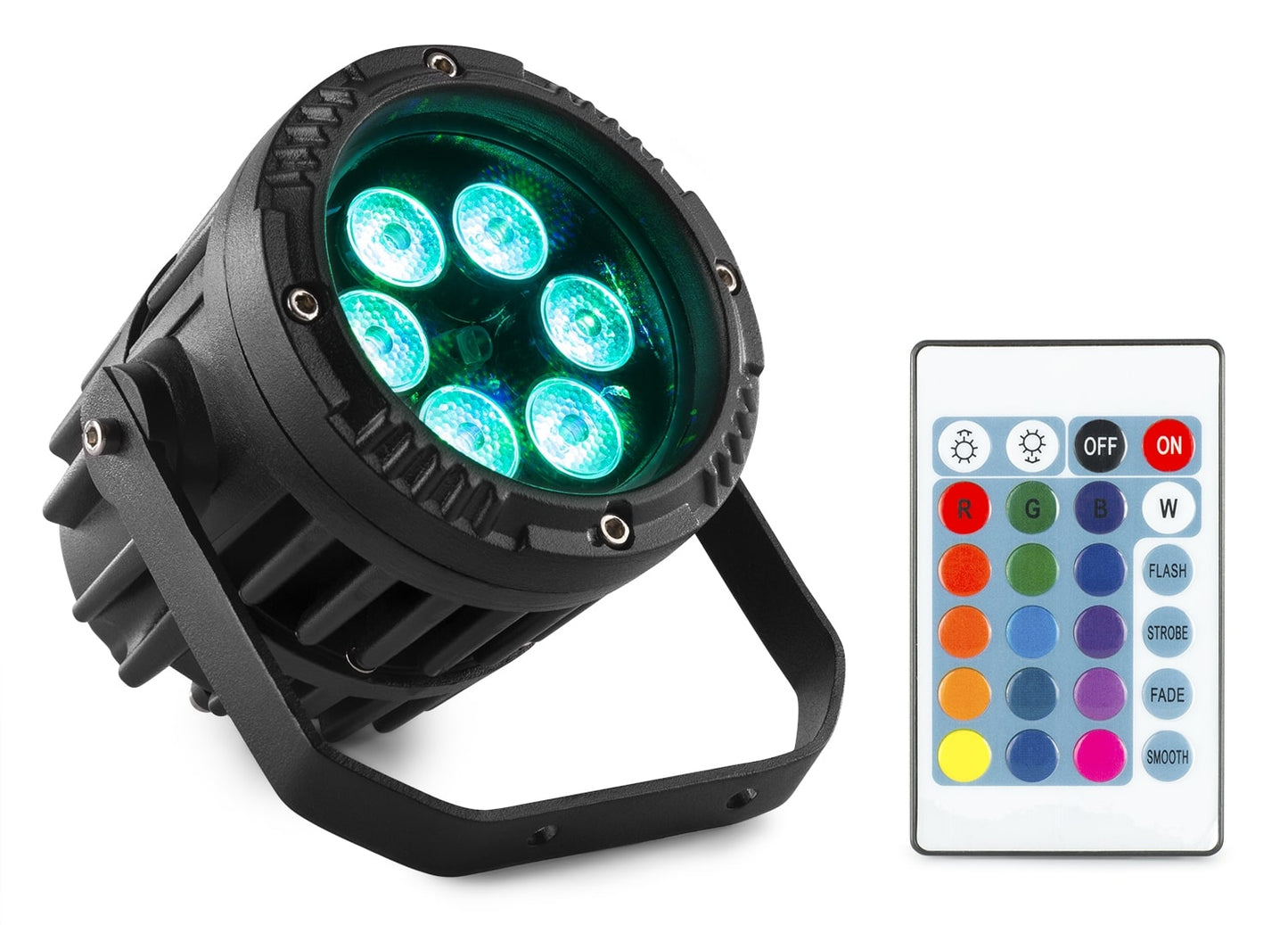 Front angled view of the BWA63 AluPar IP65, 6x 3W LEDs, RGB color mixing, waterproof, aluminium housing, beamZ with remote control 3.