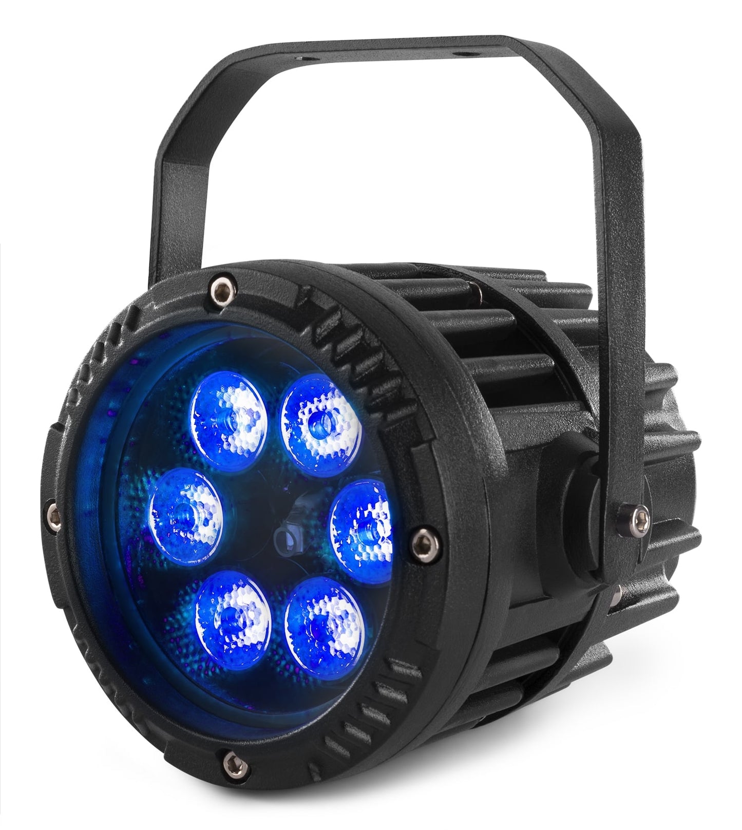 Front angled view of the BWA63 AluPar IP65, 6x 3W LEDs, RGB color mixing, waterproof, aluminium housing, beamZ 5.