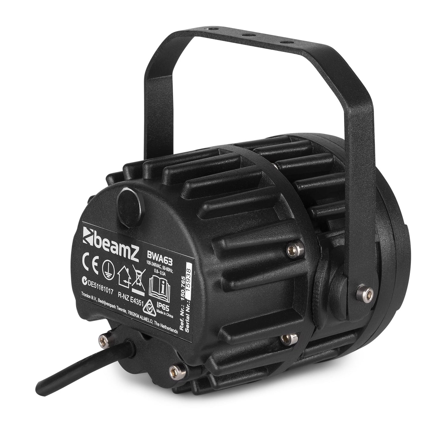 Back angled view of the BWA63 AluPar IP65, 6x 3W LEDs, RGB color mixing, waterproof, aluminium housing, beamZ.