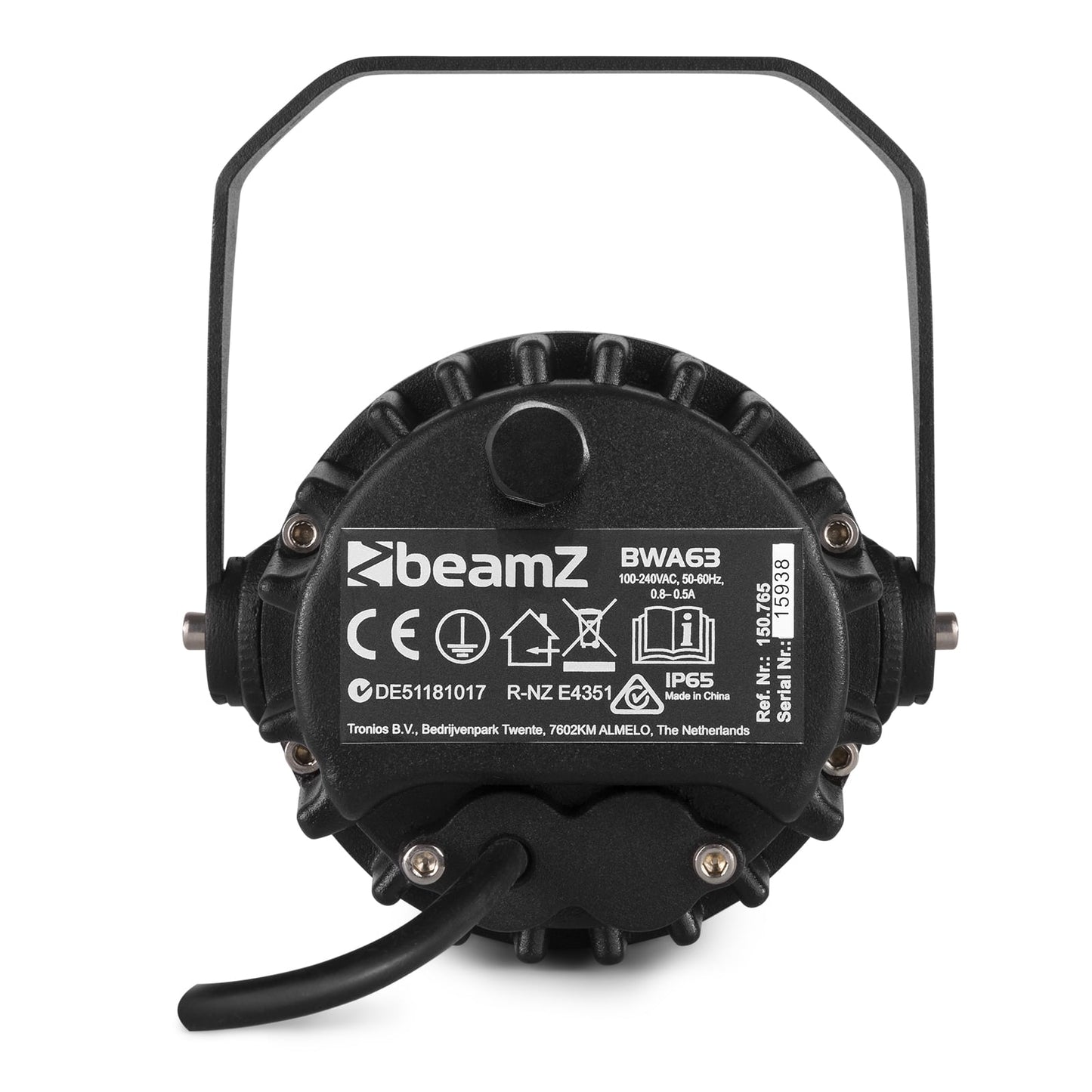 Back view of the BWA63 AluPar IP65, 6x 3W LEDs, RGB color mixing, waterproof, aluminium housing, beamZ.