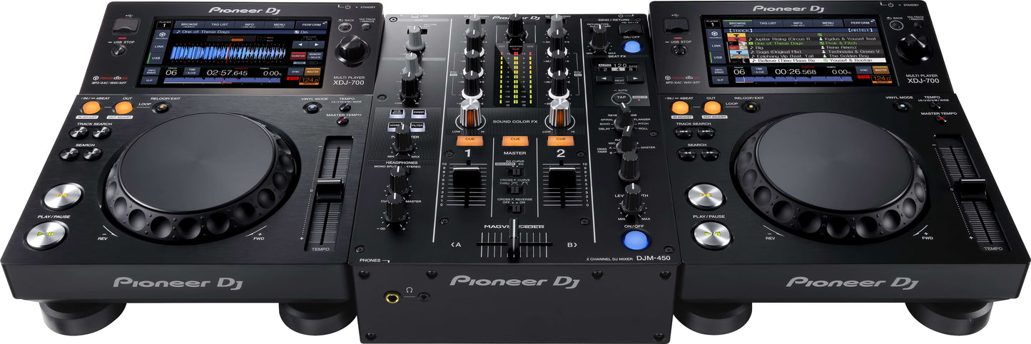 Pioneer XDJ-700 Compact Performance Multi Player featuring a 7-inch touchscreen, showcasing its sleek design and functionality.