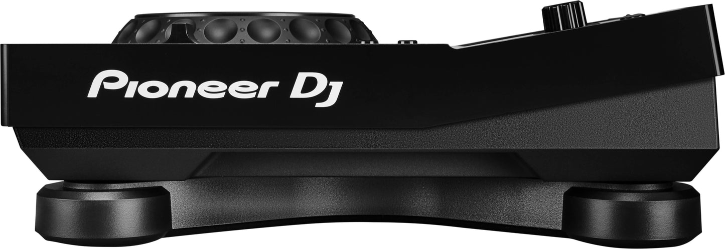 Pioneer XDJ-700 Compact Performance Multi Player featuring a 7-inch touchscreen, showcasing its side view.
