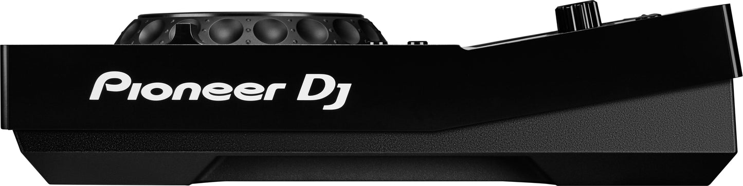 Pioneer XDJ-700 Compact Performance Multi Player with a 7-inch touchscreen displayed from the left side.
