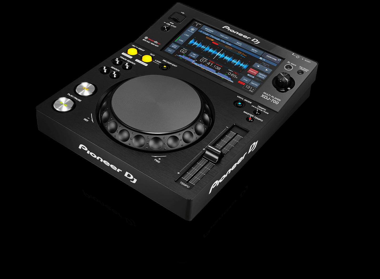 Pioneer XDJ-700 Compact Performance Multi Player showcasing a 7-inch touchscreen from an angled perspective.