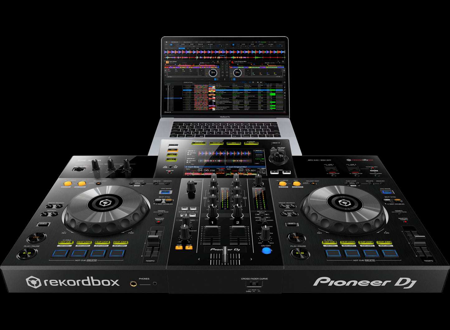 Pioneer XDJ-RR Portable 2-Channel All-In-One DJ System for Rekordbox displayed with a laptop.