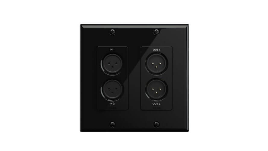 Xilica Neutrik XLR 2x2 to Dante In-Wall Module designed for EU/UK and US electrical boxes.