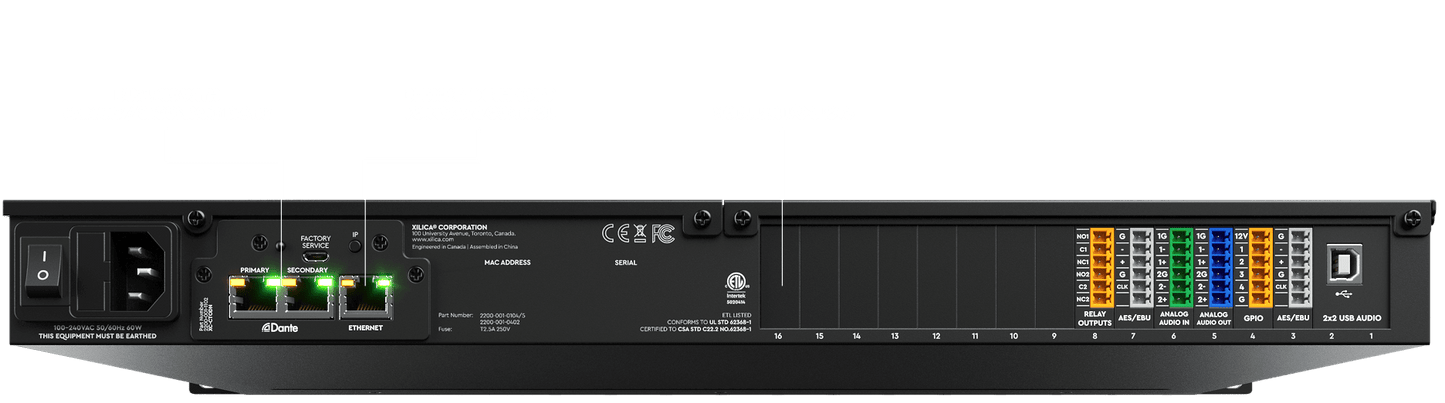Rear view of the Xilica Solaro FR1, showcasing its 64x64 Dante DSP features, dual NIC, modular I/O, and HearClear AEC.