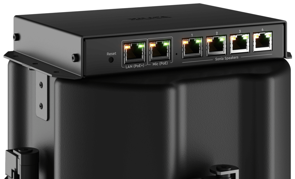 Image showing the connection details for the Xilica Four Channel PoE Amplifier designed for Sonia C5 In-Ceiling Loudspeakers.