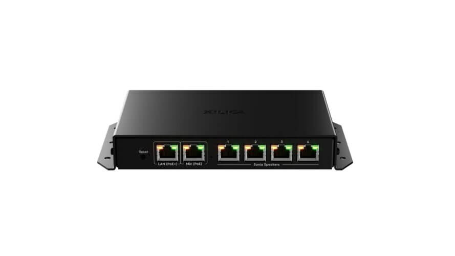 Xilica Four Channel PoE Amplifier designed for use with Sonia C5 In-Ceiling Loudspeakers, showcasing integrated Dante networking capabilities.