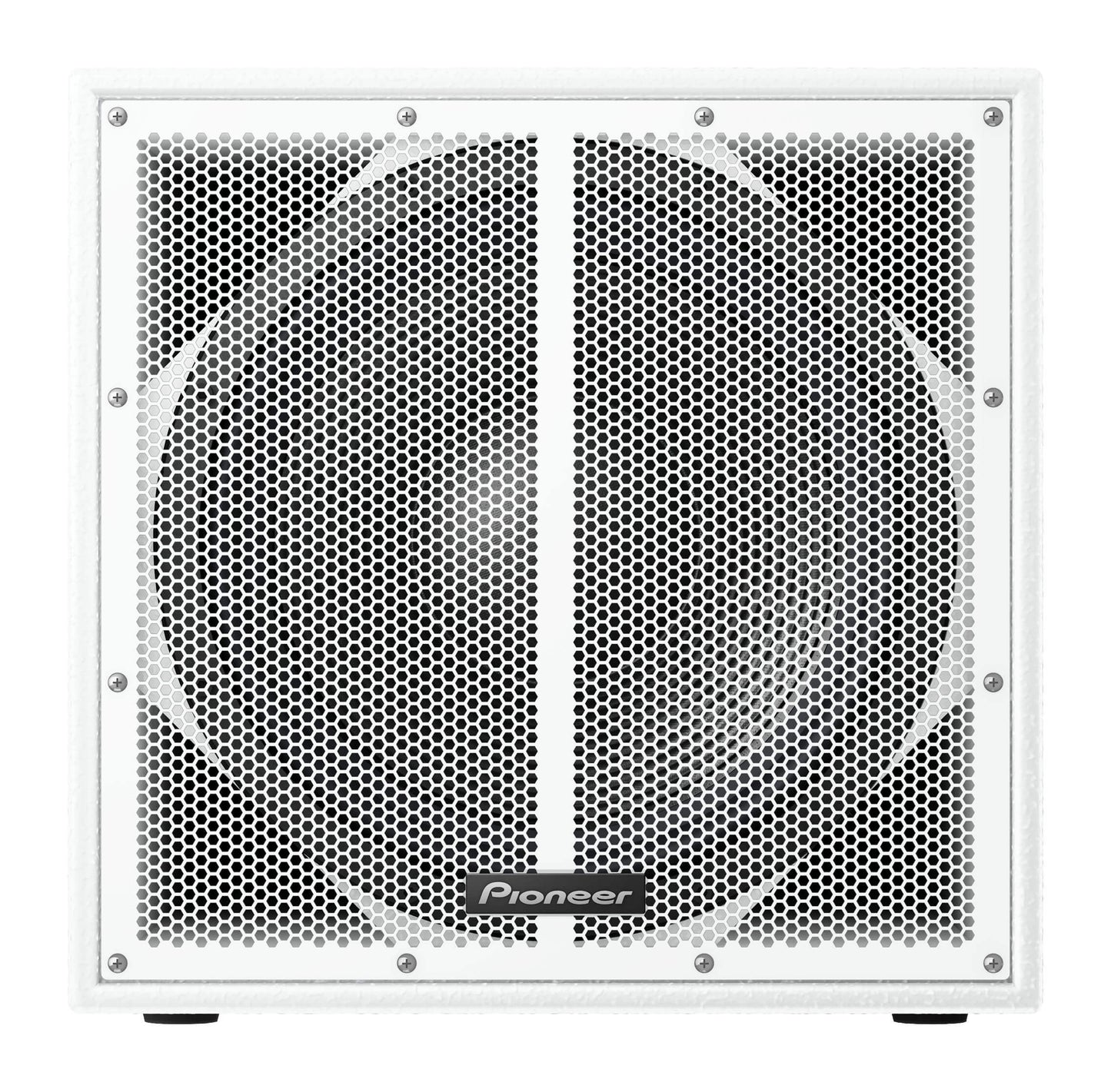 Front view of the Pioneer XY-115S-W 15-inch passive subwoofer in white, showcasing its mesh grill design.