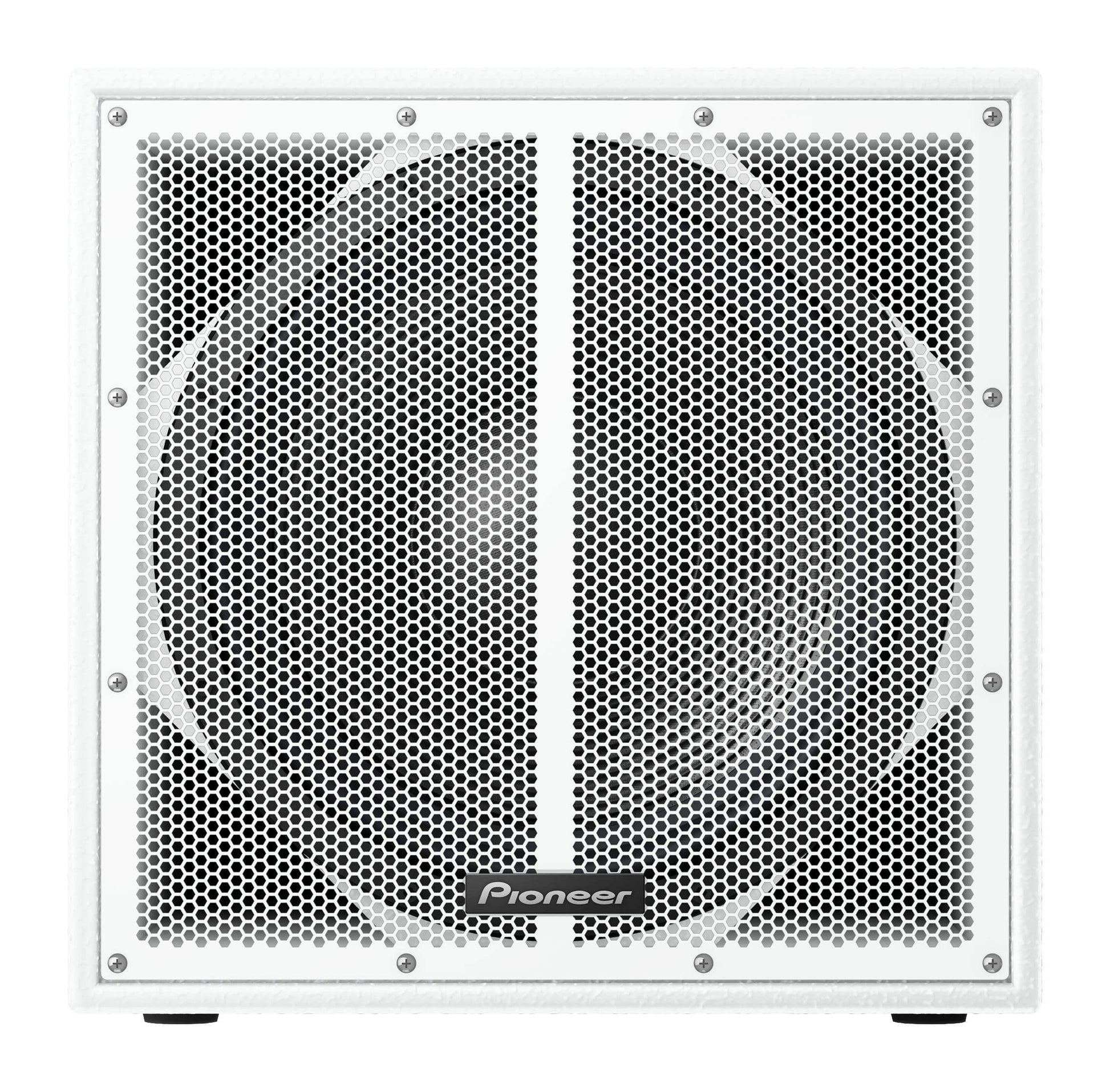Front view of the Pioneer XY-115S-W 15-inch passive subwoofer in white, showcasing its mesh grill design.