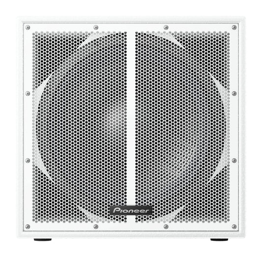 Front view of the Pioneer XY-115S-W 15-inch passive subwoofer in white, showcasing its mesh grill design.