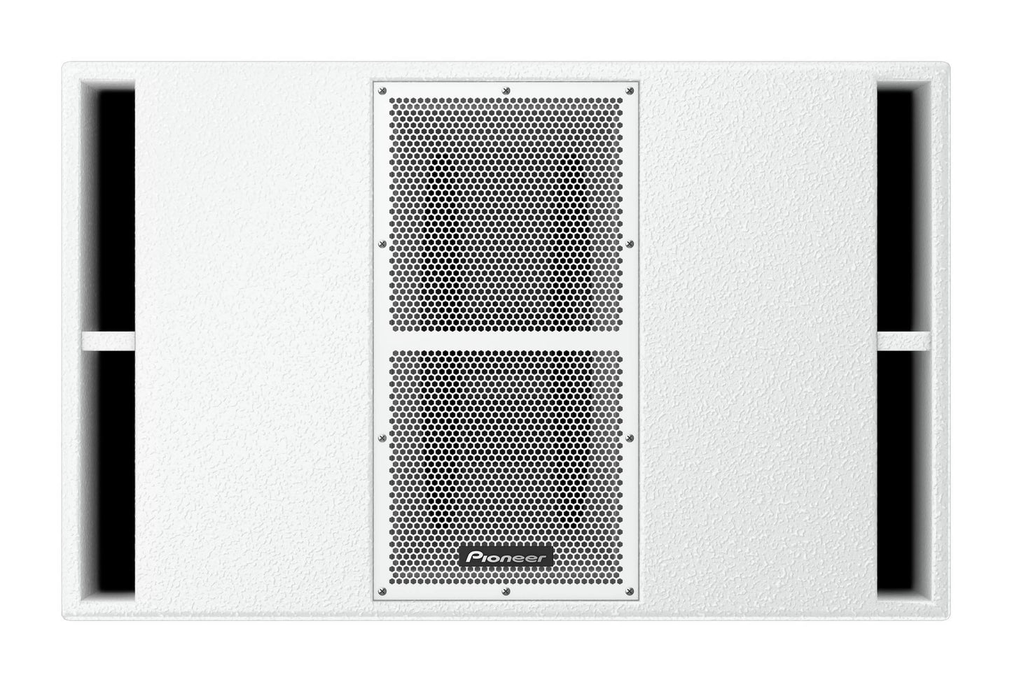 Pioneer XY-215S-W dual 15-inch quasi-bandpass subwoofer featuring a sleek white design and mesh grill, ideal for delivering punchy low frequencies.