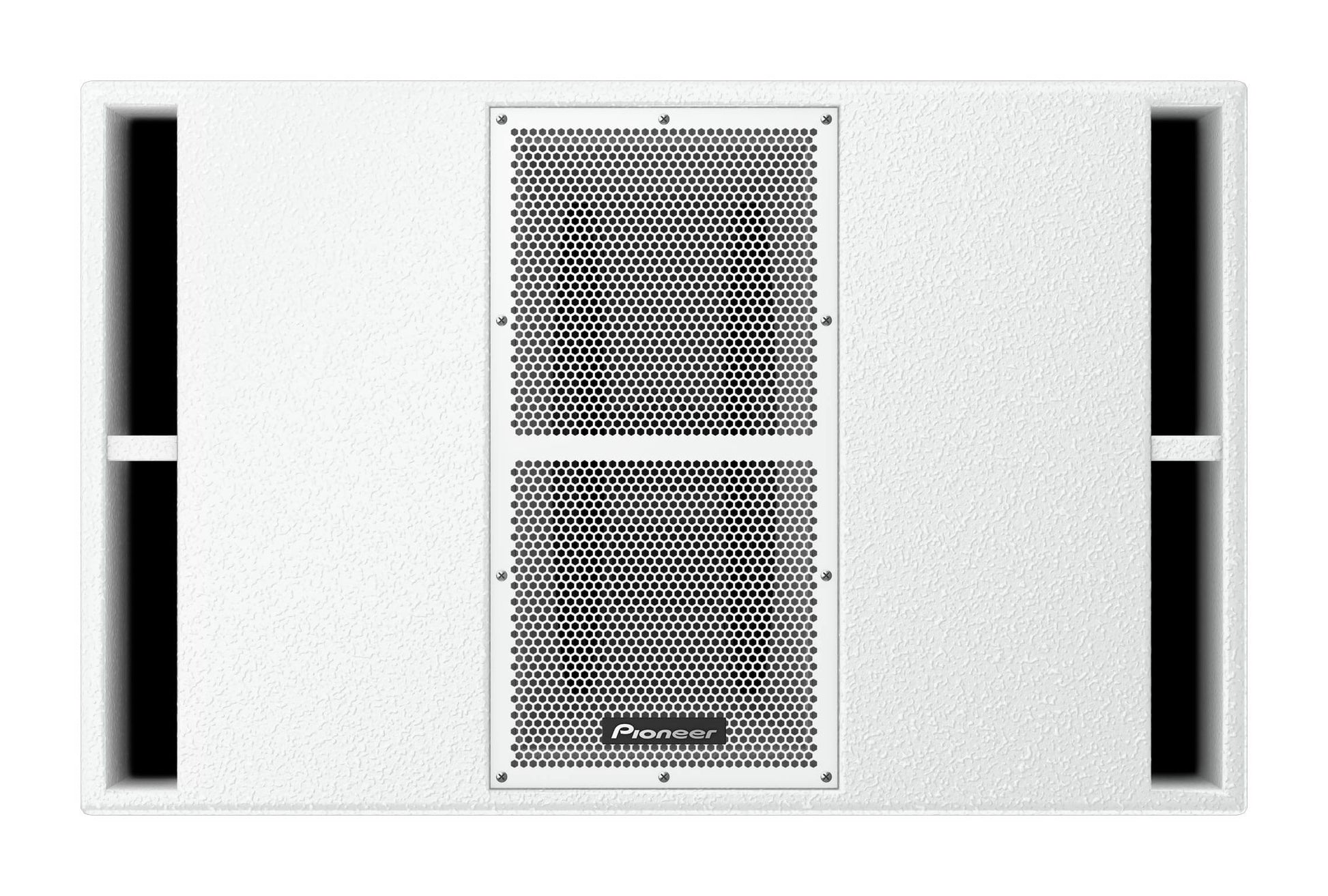 Pioneer XY-215S-W dual 15-inch quasi-bandpass subwoofer featuring a sleek white design and mesh grill, ideal for delivering punchy low frequencies.