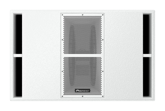 Pioneer XY-215S-W dual 15-inch quasi-bandpass subwoofer featuring a sleek white design and mesh grill, ideal for delivering punchy low frequencies.