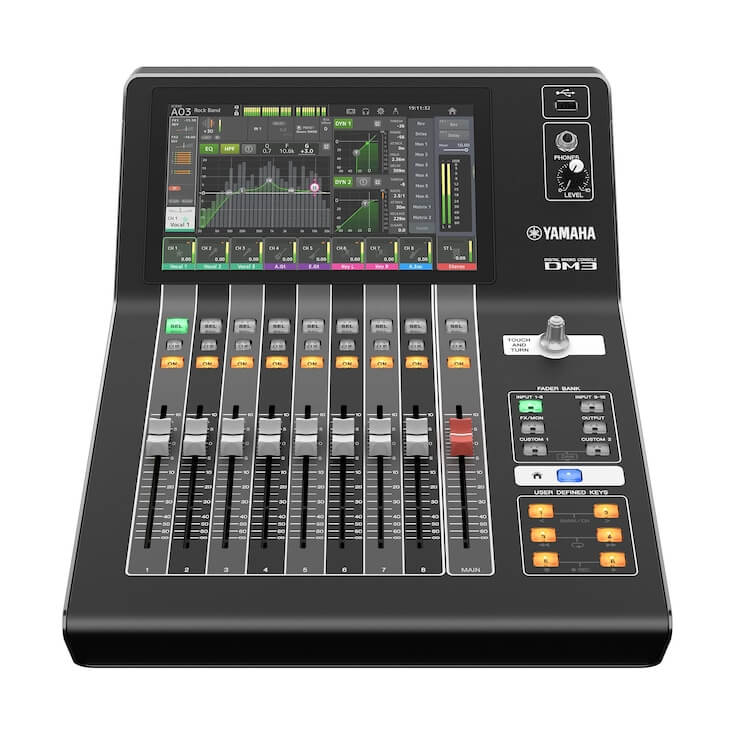 Yamaha DM3-D 22-Channel Digital Mixing Console with Dante, showcasing a professional audio solution for sound mixing.