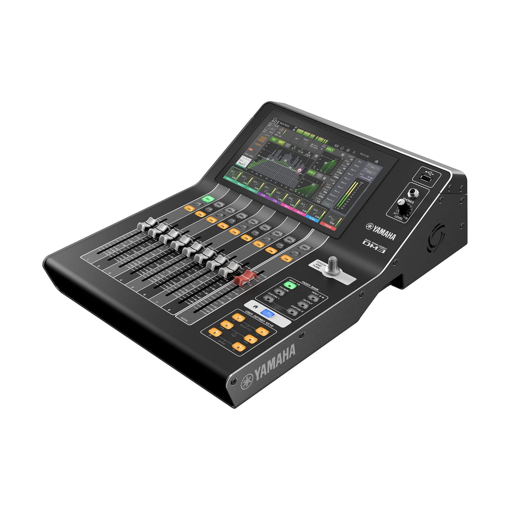 Yamaha DM3-D 22-Channel Digital Mixing Console showcasing its angled design, a professional audio solution with Dante connectivity.