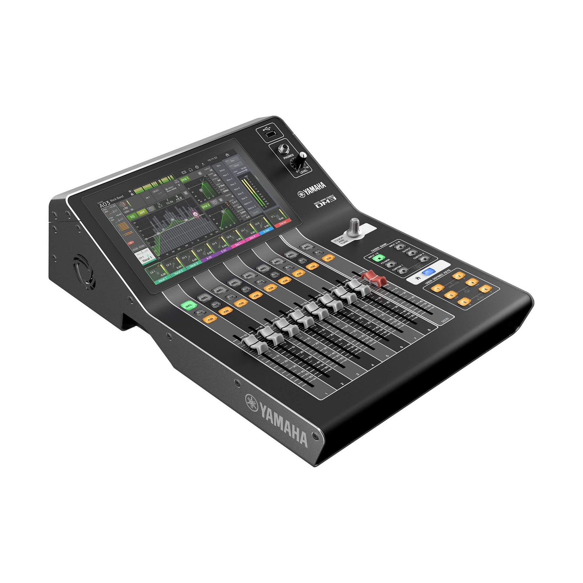 YAMAHA DM3-D 22-Channel Digital Mixing Console displayed at an angle, showcasing its professional audio features.