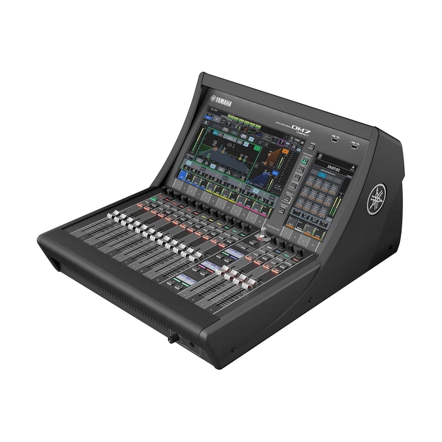 Yamaha DM7C 72-Channel Digital Mixer featuring 16 mic preamps and motorized faders.