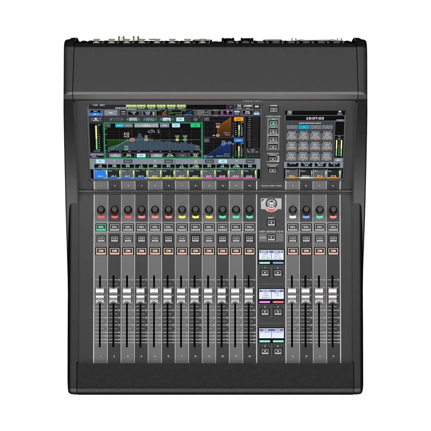 Yamaha DM7C 72-Channel Digital Mixer showcasing its 16 mic preamps and motorized faders.