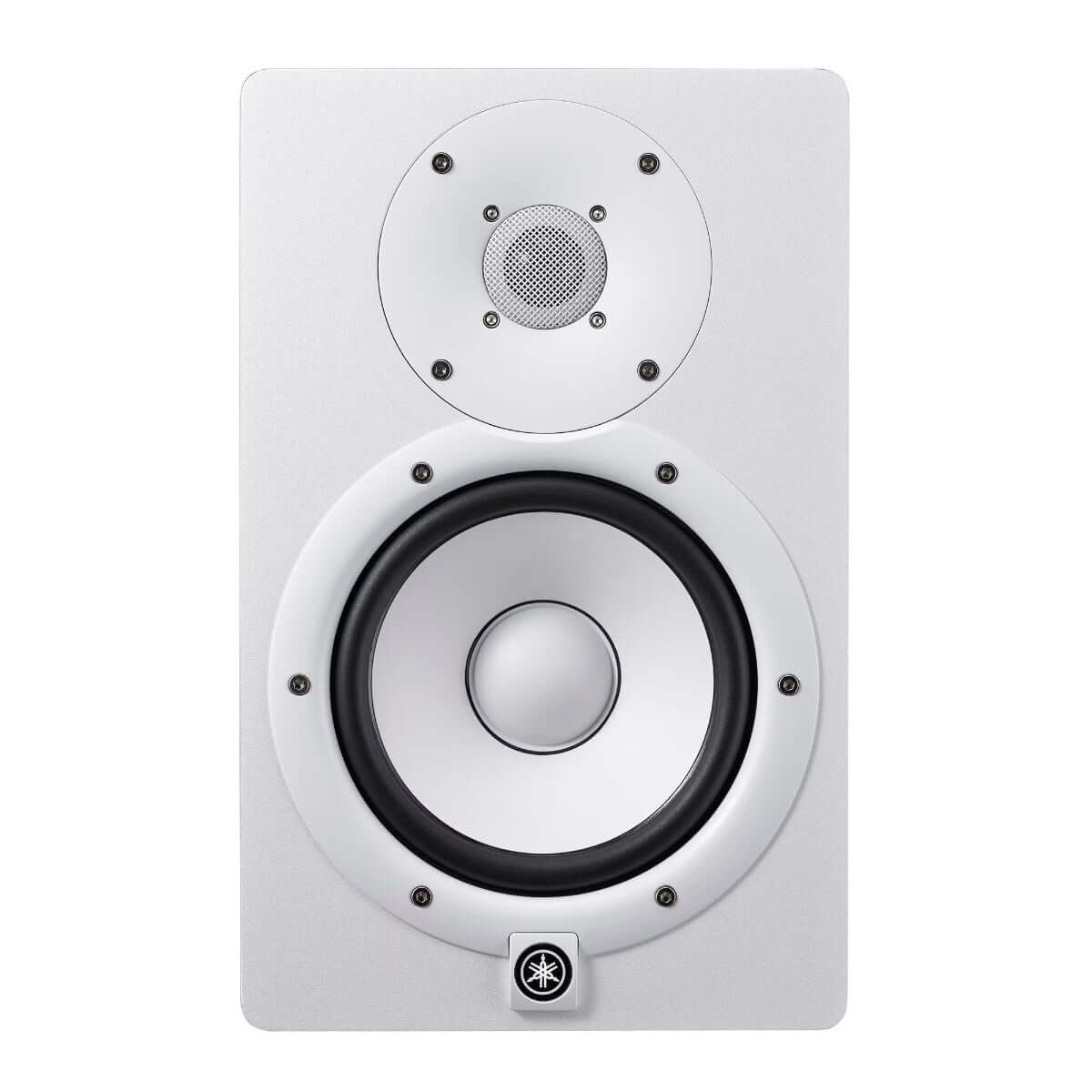 YAMAHA HS7IW 2-Way Bi-Amped Powered Studio Monitor in white color, showcasing its sleek design and professional audio capabilities.