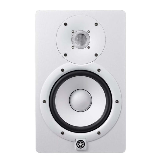YAMAHA HS7IW 2-Way Bi-Amped Powered Studio Monitor in white color, showcasing its sleek design and professional audio capabilities.