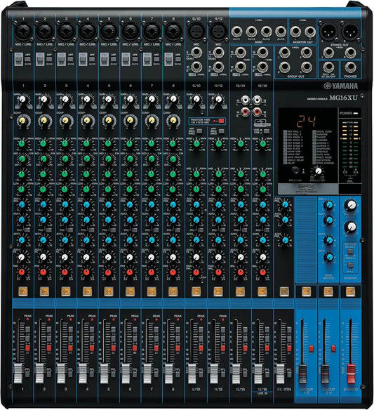 Yamaha MG16XU 16-input analog mixing console featuring built-in effects and a 2-in/2-out USB interface.