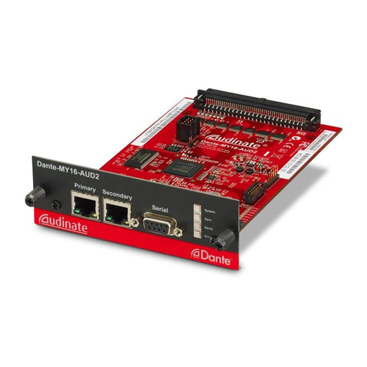 Yamaha MY16-AUD Mini YGDAI Card - 16-Channel Dante Network I/O Card showcasing its design and features.