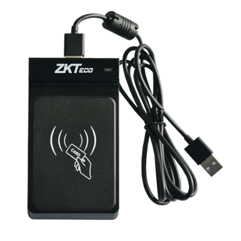 ZKTeco USB Proximity RFID Enrollment Reader showcasing its design and features.