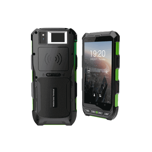 ZKTeco handheld facial recognition terminal showcasing front and rear views, featuring fingerprint recognition technology.