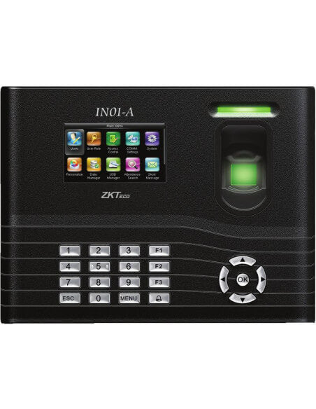 ZKTeco IN01 Fingerprint and RFID Attendance Terminal image showcasing its design and features.