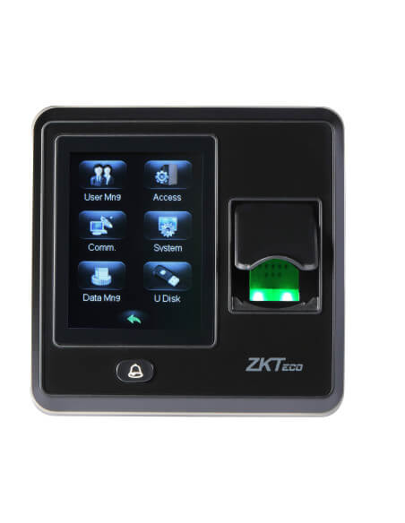 ZKTeco SF300 touchscreen access control and attendance device showcasing its features.