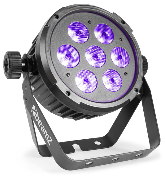 Angled view of the beamZ BT280 LED Flat Par with 7x 10W RGBAW-UV color mixing LEDs and remote control in Purple 1.