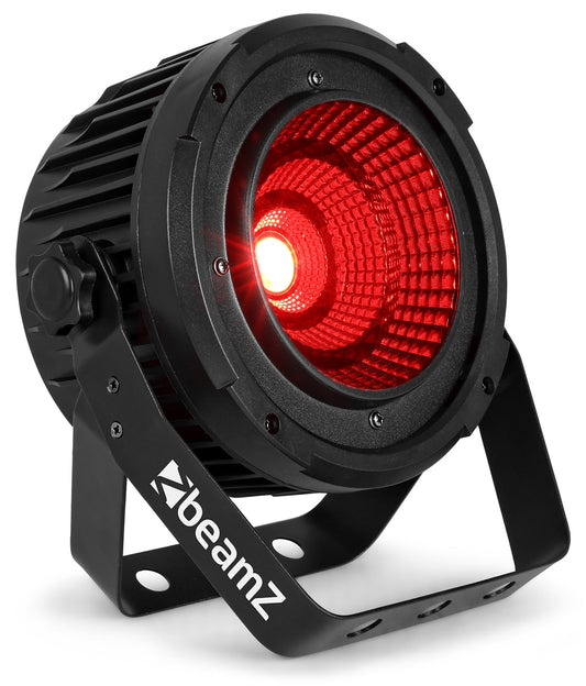 Front view of the beamZ COB50 PAR Light with 50W COB LED, DMX control, and full spectrum lighting in Red.