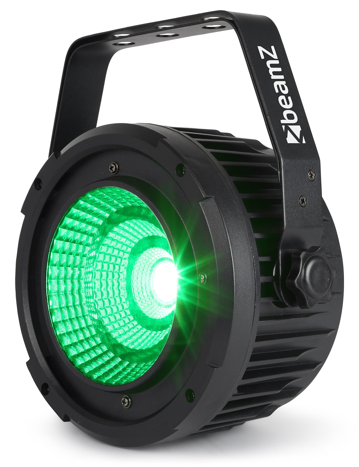 Front view of the beamZ COB50 PAR Light with 50W COB LED, DMX control, and full spectrum lighting in Green.