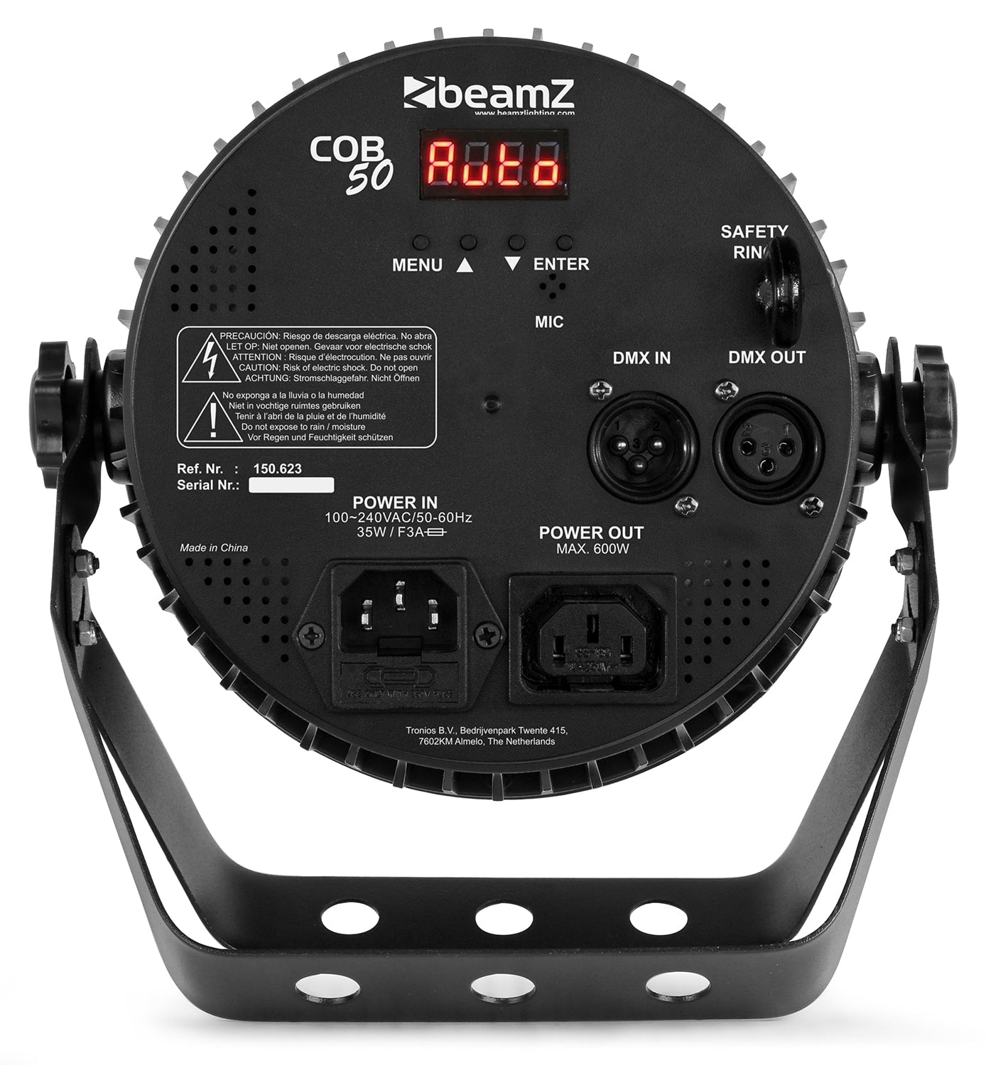 Back view of the beamZ COB50 PAR Light with 50W COB LED, DMX control, and full spectrum lighting.