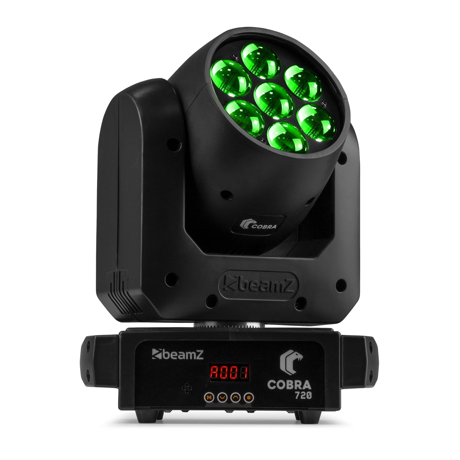 Front view of the beamZ Cobra 720 LED Wash Moving Head with Zoom featuring vibrant color mixing and electronic zoom in Green.