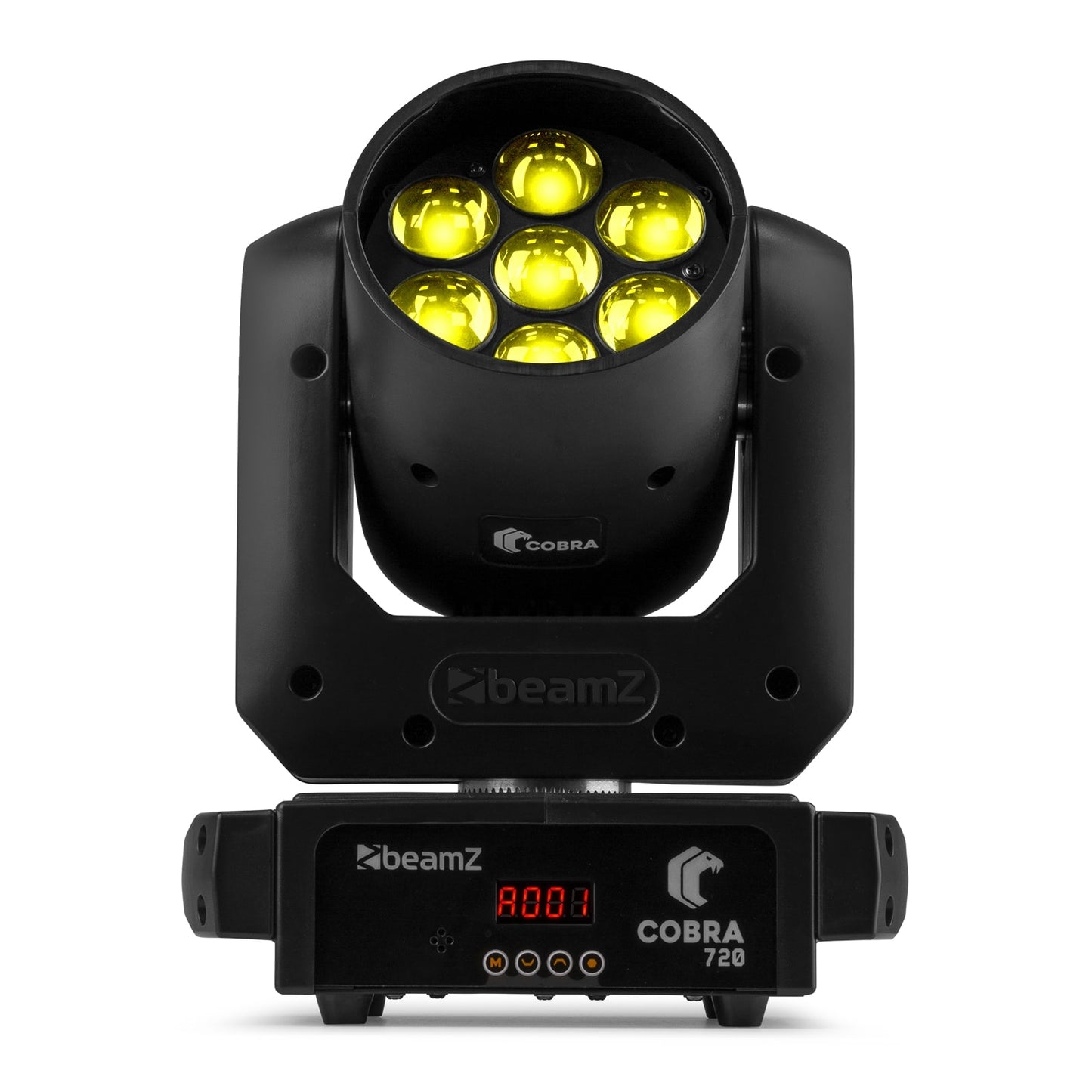 Front view of the beamZ Cobra 720 LED Wash Moving Head with Zoom featuring vibrant color mixing and electronic zoom in Yellow.