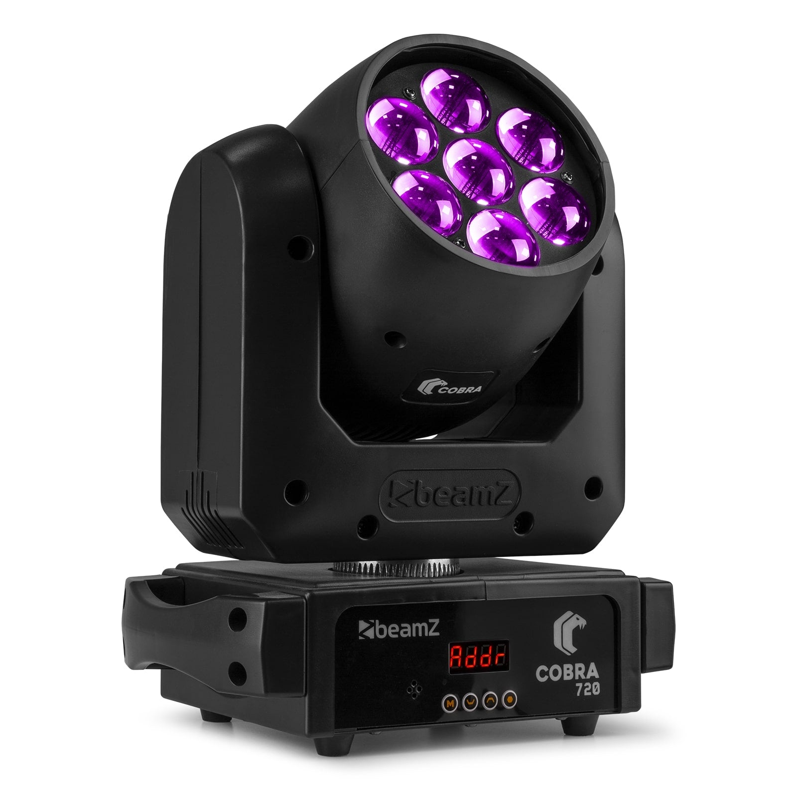 Front view of the beamZ Cobra 720 LED Wash Moving Head with Zoom featuring vibrant color mixing and electronic zoom in Purple.