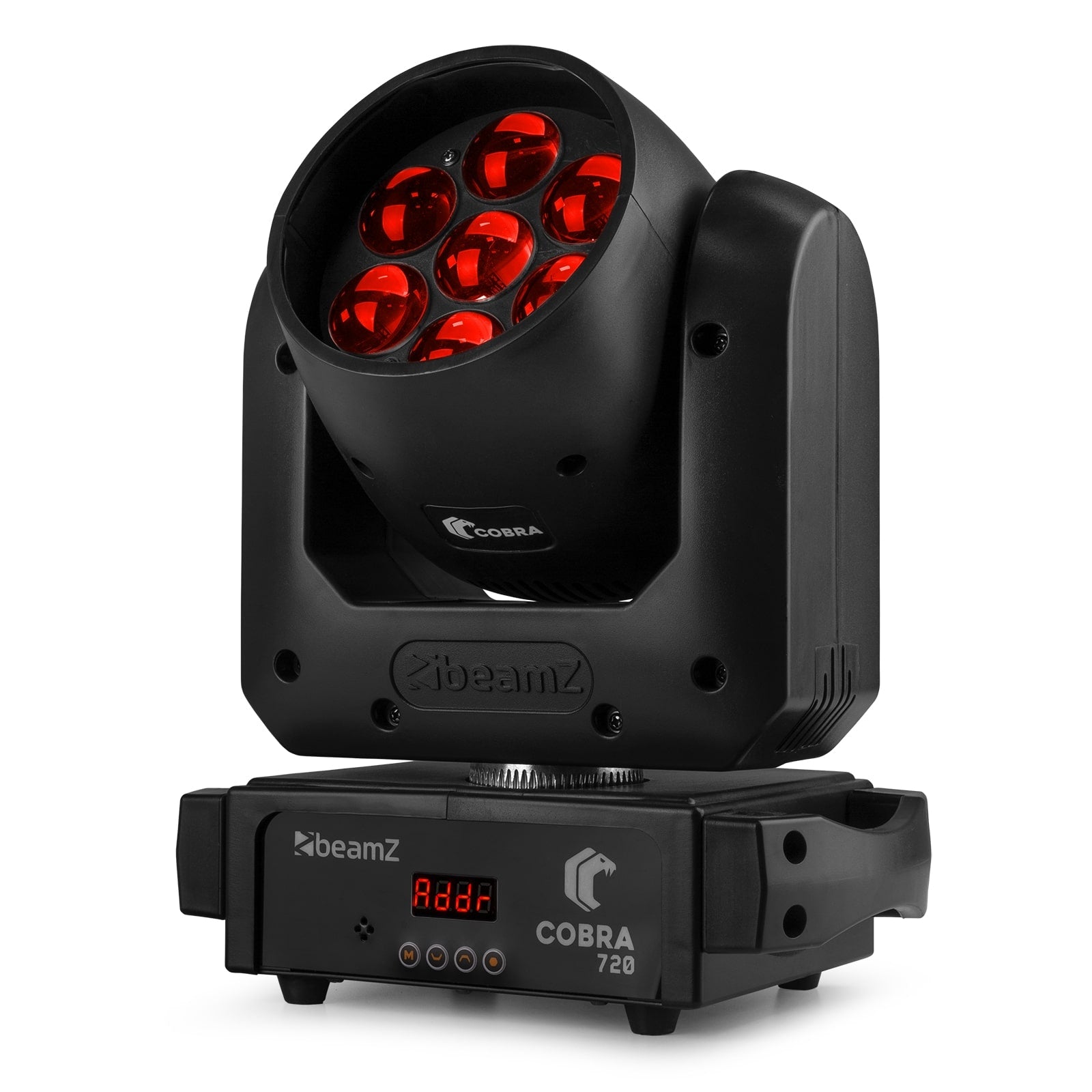 Front view of the beamZ Cobra 720 LED Wash Moving Head with Zoom featuring vibrant color mixing and electronic zoom in Red.