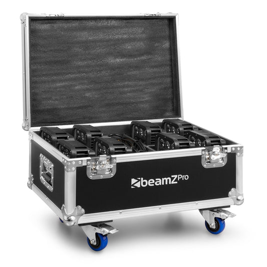Top angled view of the open packed beamZ FL72 Flightcase with butterfly locks, aluminum profiles, and foam inserts for 8 StarColor72 Wash Lights.