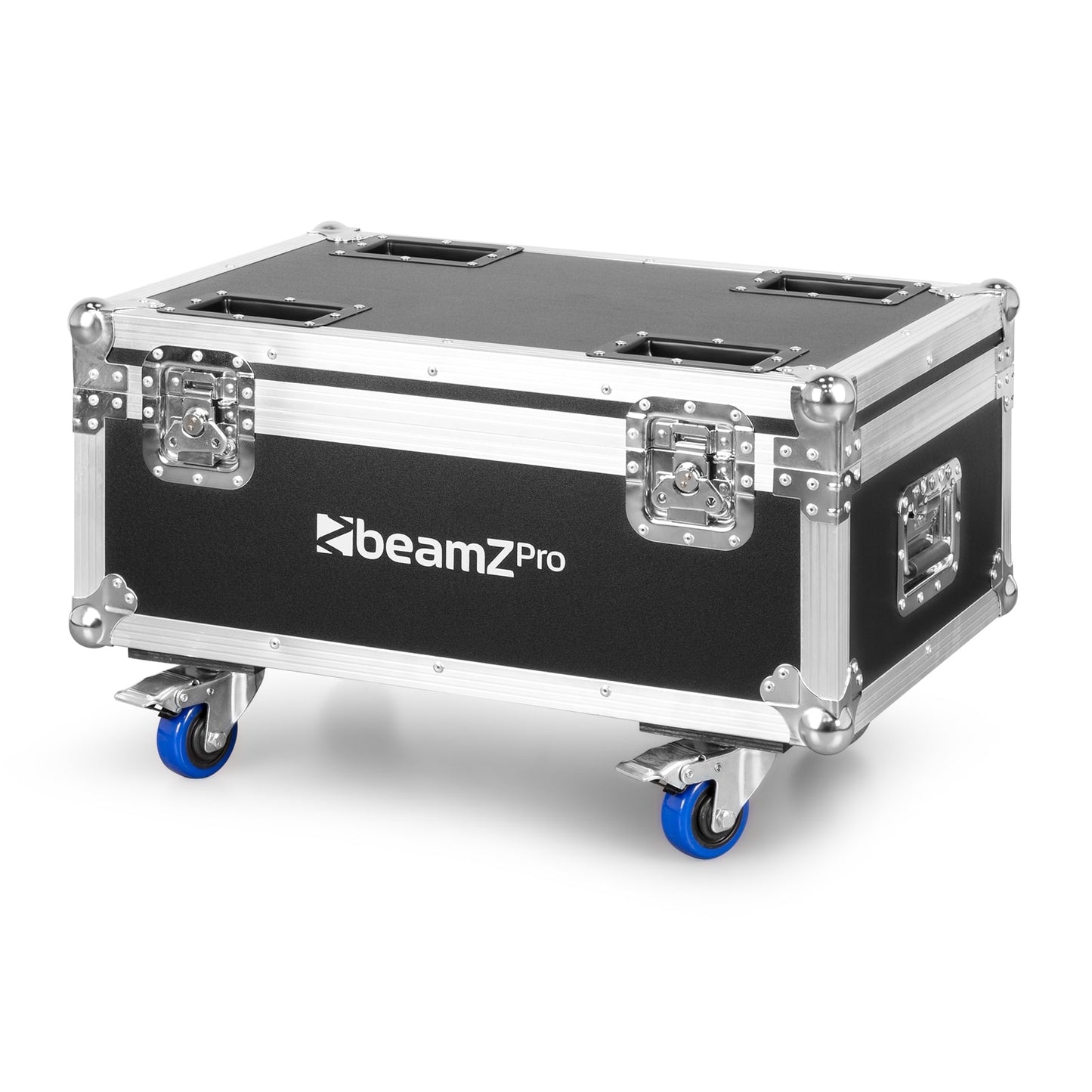 Front angled view of the closed beamZ FL72 Flightcase with butterfly locks, aluminum profiles, and foam inserts for 8 StarColor72 Wash Lights 2.