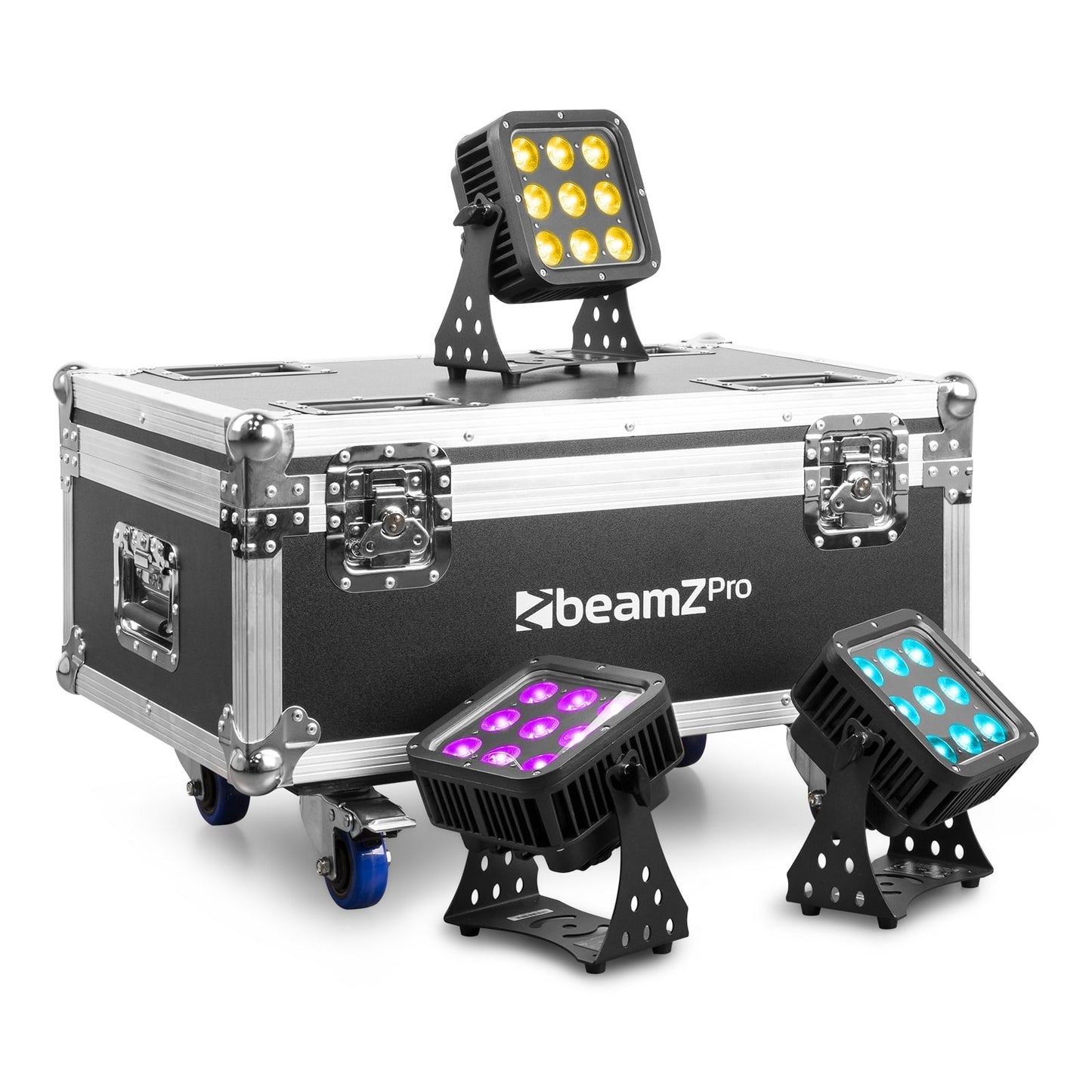 Front view of the beamZ FL72 Flightcase with butterfly locks, aluminum profiles, and foam inserts for 8 StarColor72 Wash Lights.