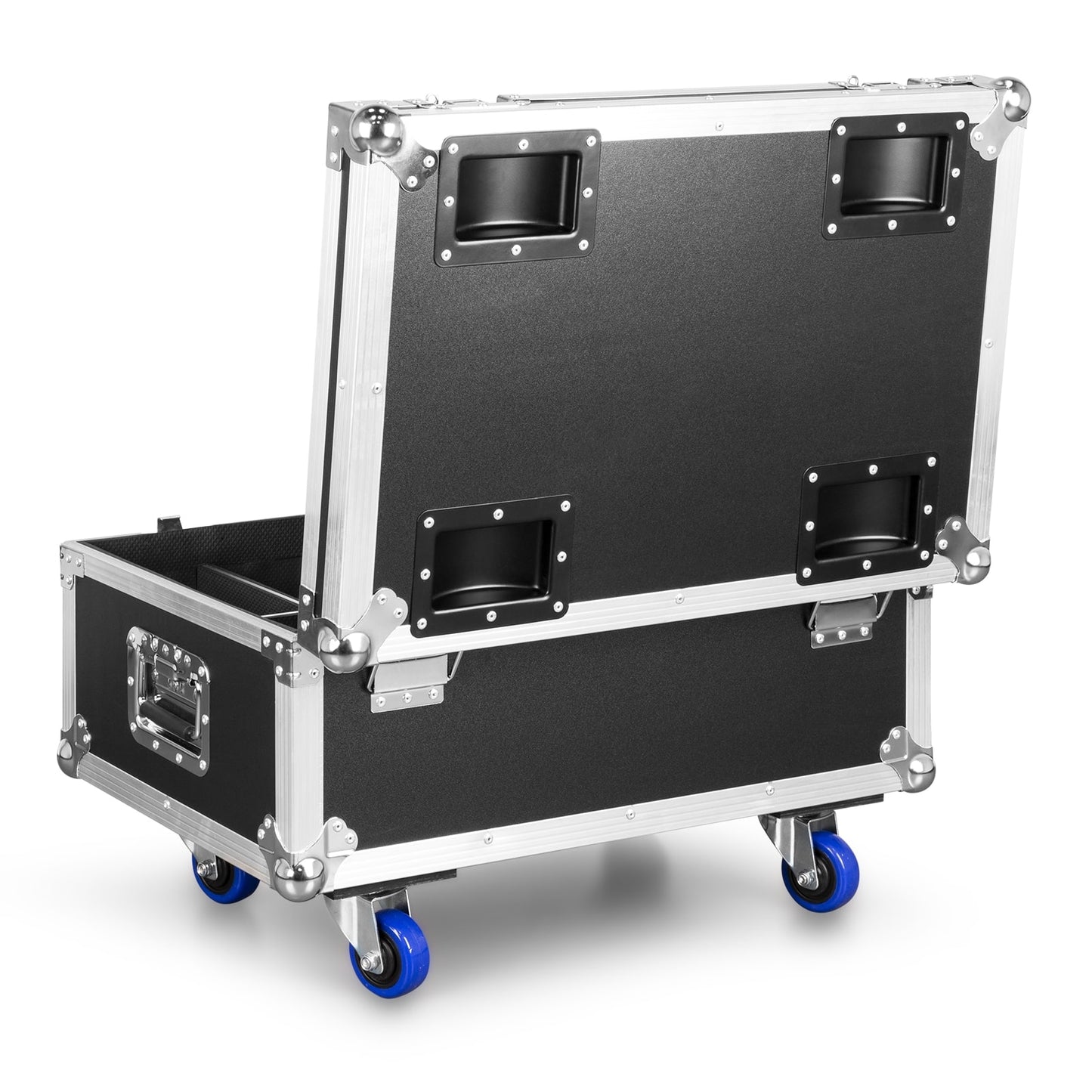 Back view of the open beamZ FL72 Flightcase with butterfly locks, aluminum profiles, and foam inserts for 8 StarColor72 Wash Lights.