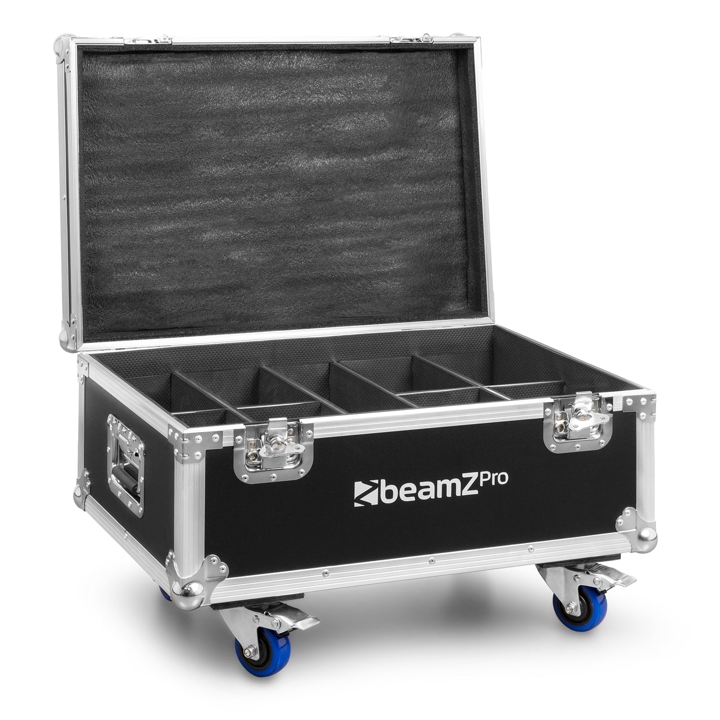 Front view of the open empty beamZ FL72 Flightcase with butterfly locks, aluminum profiles, and foam inserts for 8 StarColor72 Wash Lights.