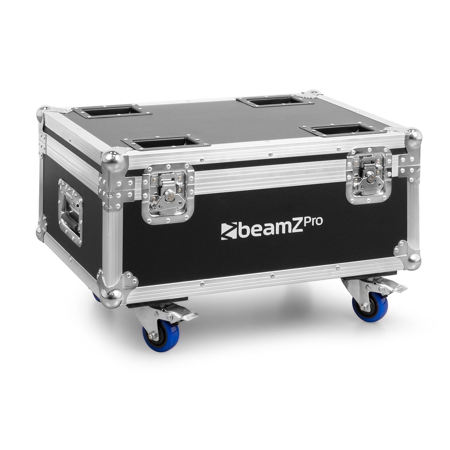 Front angled view of the closed beamZ FL72 Flightcase with butterfly locks, aluminum profiles, and foam inserts for 8 StarColor72 Wash Lights 1.